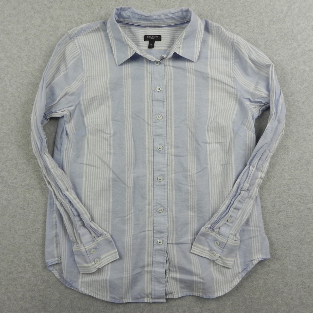 Talbots Shirt Top Womens Small Petite Collared Button Blue Striped Long Sleeve